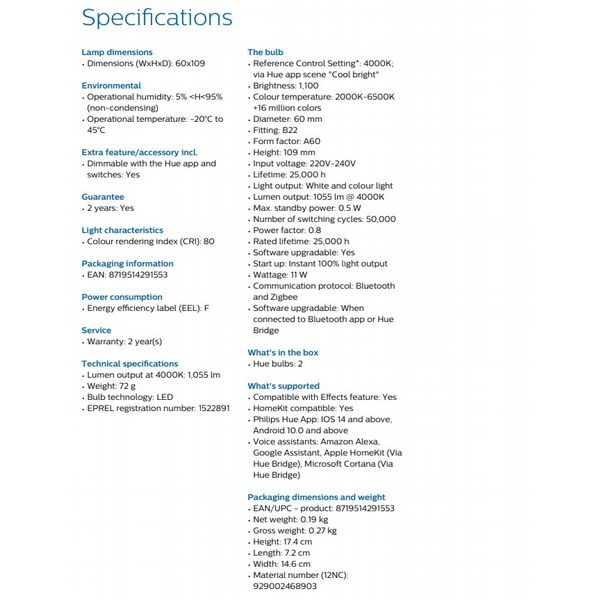 Philips Hue 9W A60 B22 2P UK