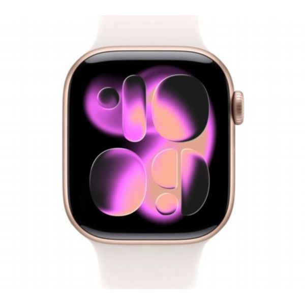 Refurbished Apple Watch Series 11, 42mm Rose Gold aluminium case with S/M Light Blush Sport Band. Grade: Pristine