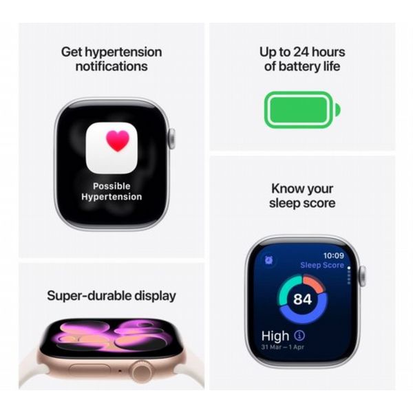 Refurbished Apple Watch Series 11, 42mm Rose Gold aluminium case with S/M Light Blush Sport Band. Grade: Pristine