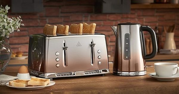 Russell Hobbs Eclipse Breakfast Bundle - Silver & Copper Kettle & 4 Slice Toaster
